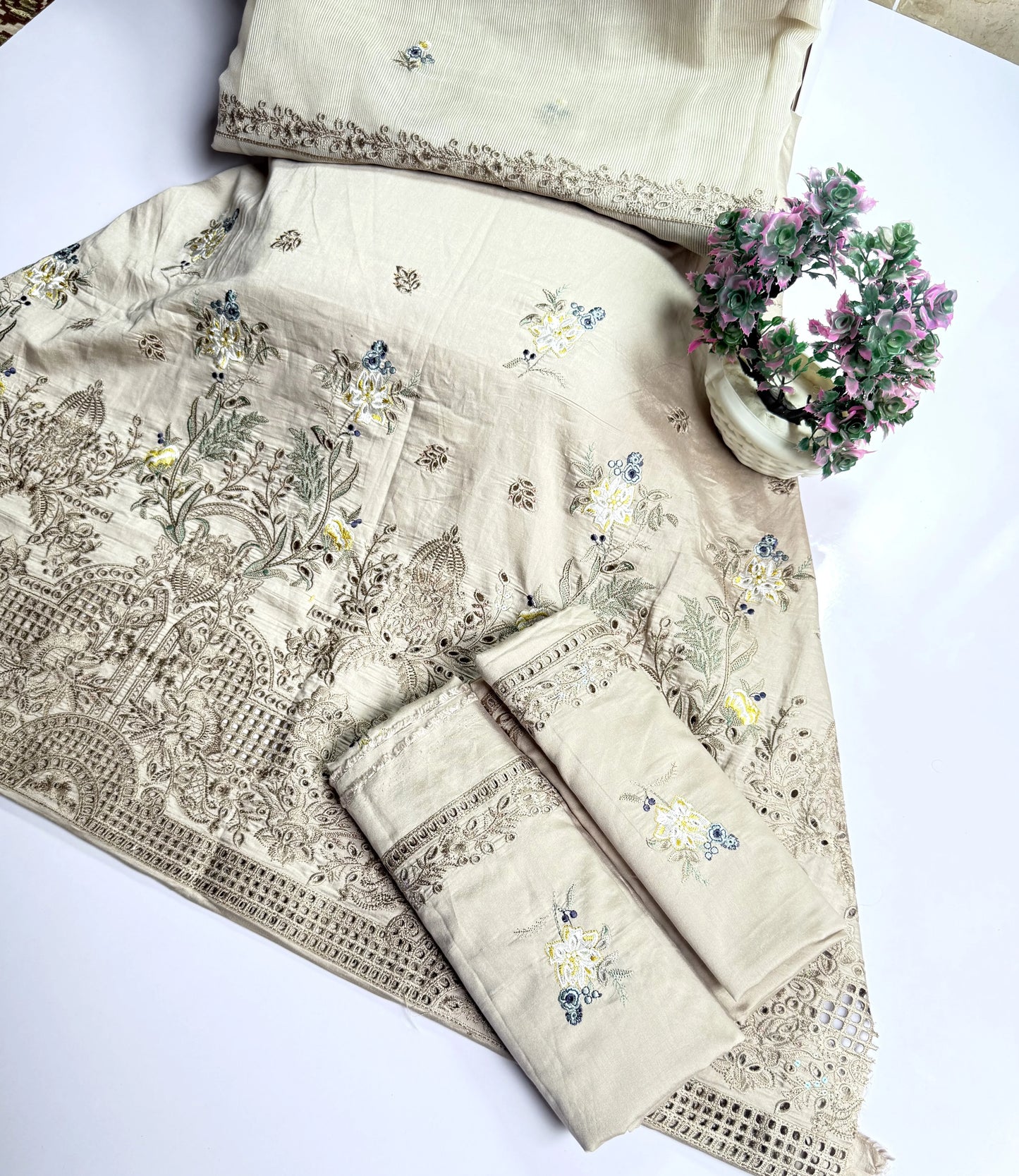 3P SKIN BEIGE EMBROIDERED ARABIC LAWN