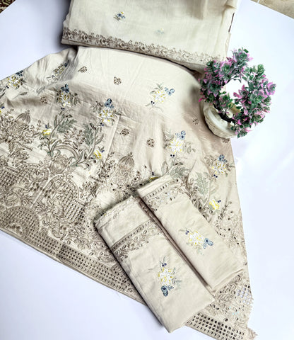 3P SKIN BEIGE EMBROIDERED ARABIC LAWN