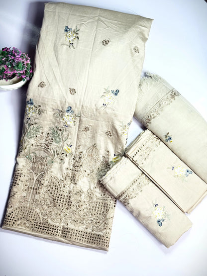 3P SKIN BEIGE EMBROIDERED ARABIC LAWN
