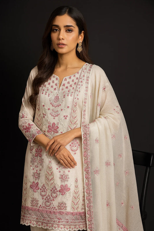 ''Bridal Luxury Cream & Pink Embroidered Unstitched Suit -Elegant 3 Piece cotton  Net Outfit ''