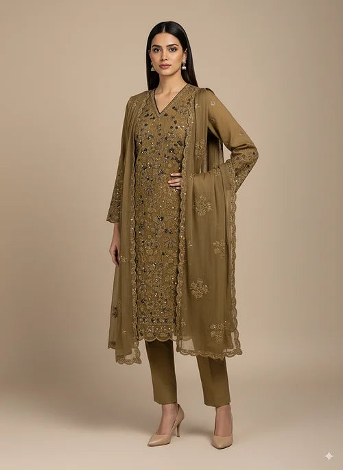 FANCY SHIFFON HAND-EMBROIDERED DRESS
