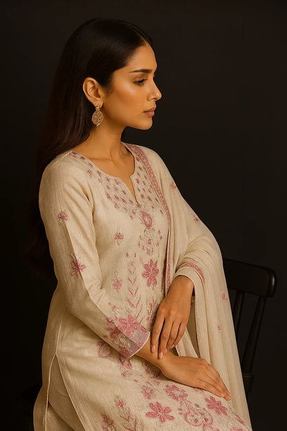 ''Bridal Luxury Cream & Pink Embroidered Unstitched Suit -Elegant 3 Piece cotton  Net Outfit ''