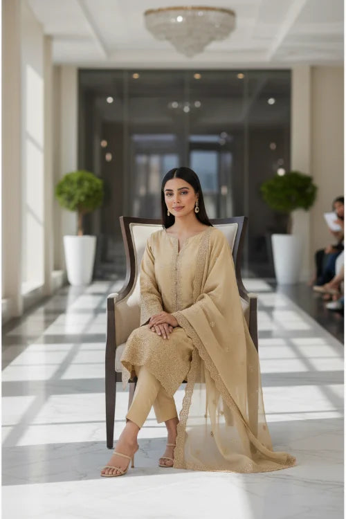 3P RICH GOLD  ARABIC LAWN LUXURY EMBROIDERED