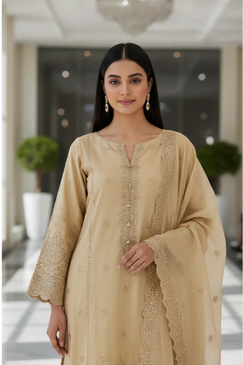 3P RICH GOLD  ARABIC LAWN LUXURY EMBROIDERED