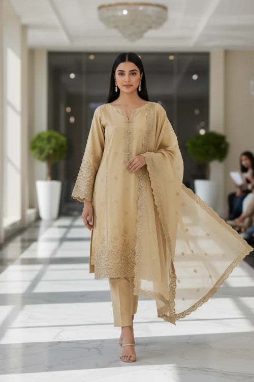 3P RICH GOLD  ARABIC LAWN LUXURY EMBROIDERED