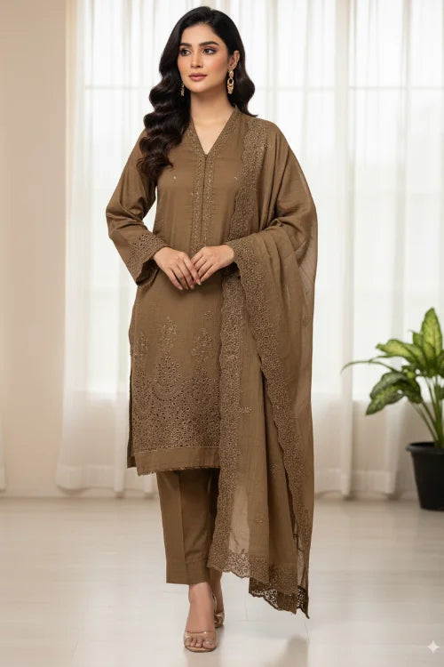 3P RICH GOLD  ARABIC LAWN LUXURY EMBROIDERED