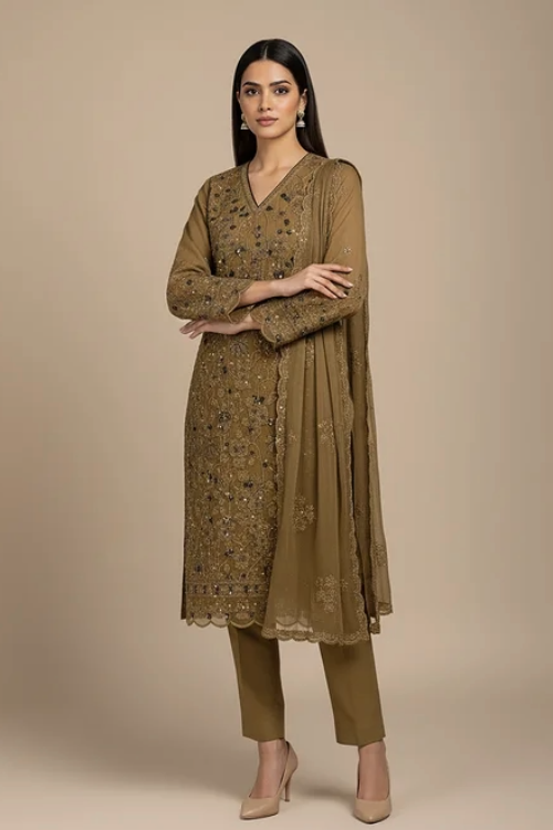FANCY SHIFFON HAND-EMBROIDERED DRESS
