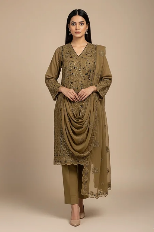 FANCY SHIFFON HAND-EMBROIDERED DRESS