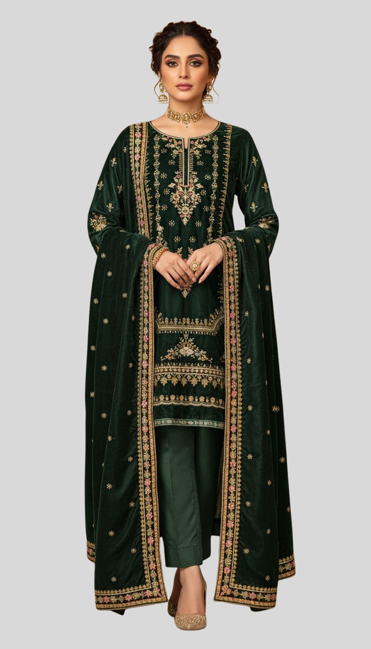 Bottle Green Velvet 3P  with Heavy Zari Embroidery