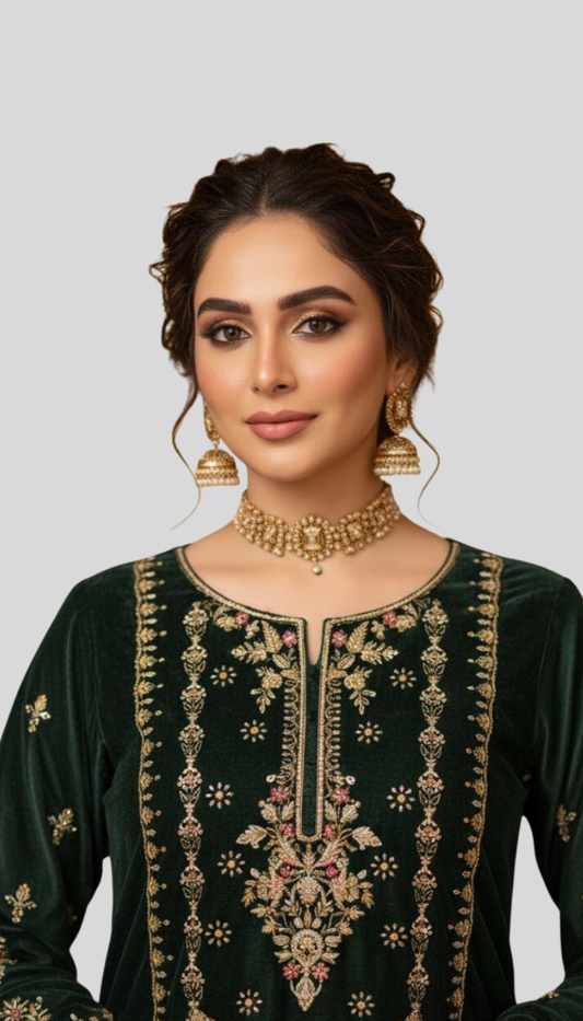 Bottle Green Velvet 3P  with Heavy Zari Embroidery
