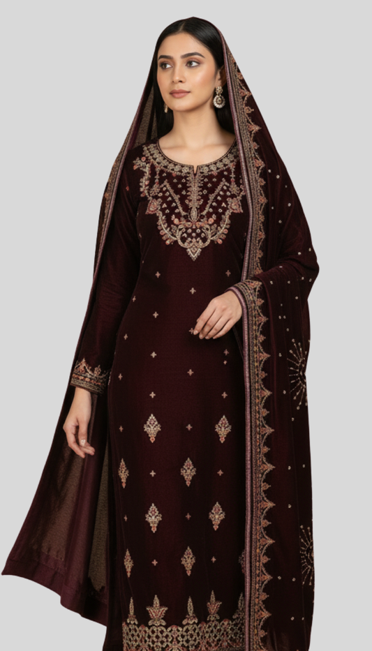 3–piece velvet Suit (Dark Purple) | Fancy Neck & Sequin Work