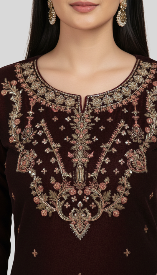 3–piece velvet Suit (Dark Purple) | Fancy Neck & Sequin Work