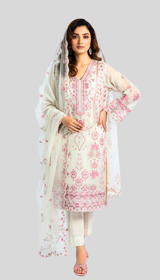 ''Bridal Off White Unstitched Suit -Elegant 3 Piece cotton  Net Suit''