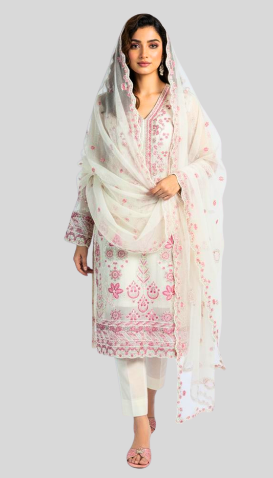 ''Bridal Off White Unstitched Suit -Elegant 3 Piece cotton  Net Suit''
