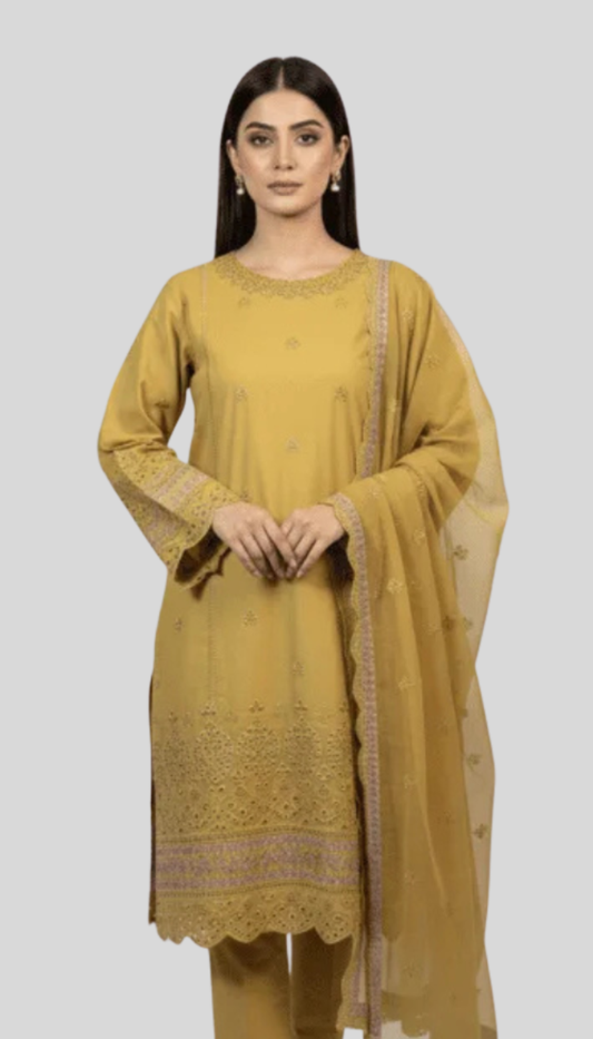 3P Olive Gold Pure Lawn Chickankari Embroidered Unstitched Suit