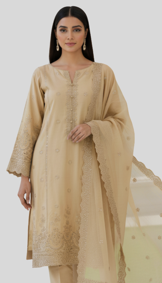 3p Rich Gold Arabic Lawn Chickankari Embroidered Suit