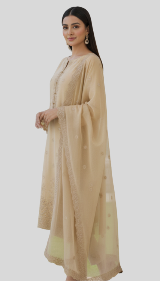 3p Rich Gold Arabic Lawn Chickankari Embroidered Suit