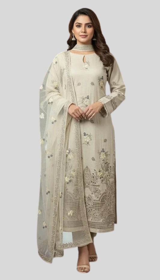 3P SKIN BEIGE Chickankari embroidered  Arabic Lawn