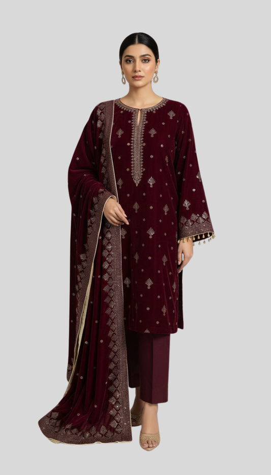 ''Maroon Velvet Suit  3– Piece Embroidery Suit (4 -side Shawl)''