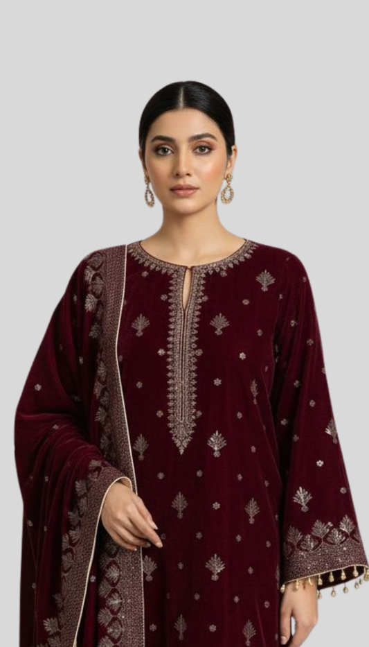 ''Maroon Velvet Suit  3– Piece Embroidery Suit (4 -side Shawl)''