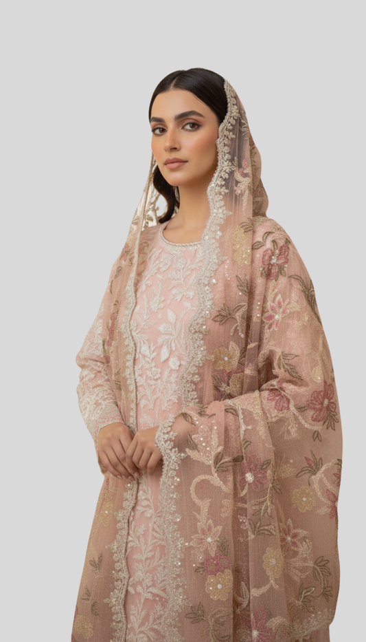 “Peach Pink Karandi Net Bridal 3-Piece Suit  ”