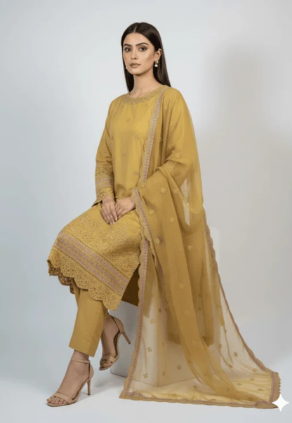 3P OLIVE GOLD PURE LAWN