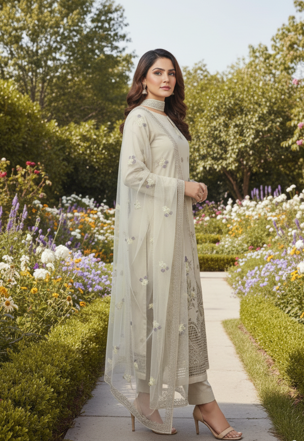 3P SKIN BEIGE EMBROIDERED ARABIC LAWN