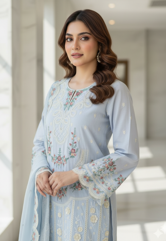 Luxury Arabic Lawn Unstitched Suit |Chickankari Embroidered With 3D Floral Work on Daman