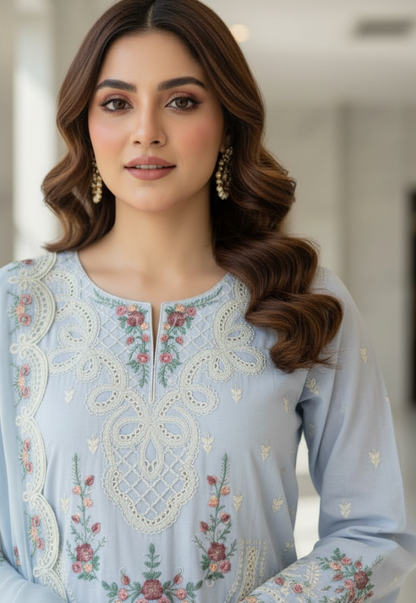 Luxury Arabic Lawn Unstitched Suit |Chickankari Embroidered With 3D Floral Work on Daman