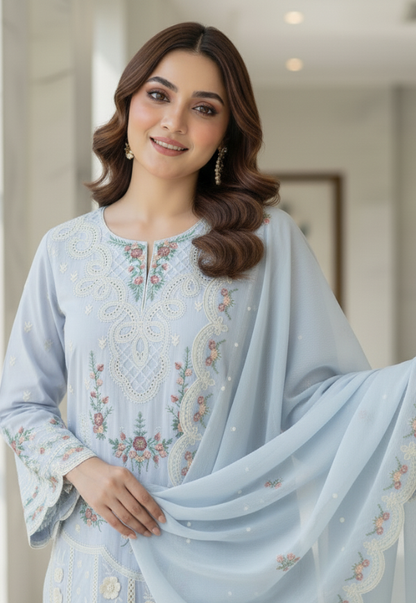Luxury Arabic Lawn Unstitched Suit |Chickankari Embroidered With 3D Floral Work on Daman