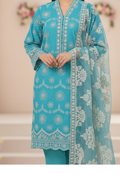 Luxury Embroidered Lawn Suit | Chikankari Work with Heavy Net Dupatta – Loxlook Premium Collection