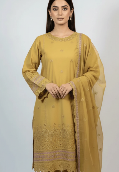 3P OLIVE GOLD PURE LAWN