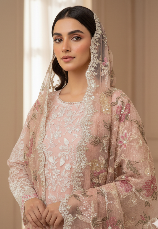 “Luxury Peach Pink Karandi Net Bridal 3-Piece Suit with Heavy Front Embroidery & Sequin Work | Limited Edition Color”