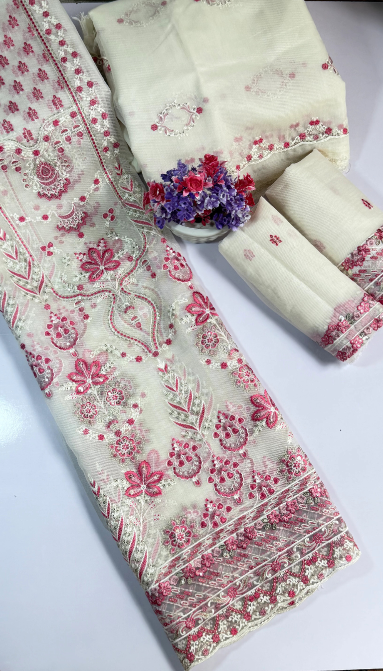 ''Bridal Luxury Cream & Pink Embroidered Unstitched Suit -Elegant 3 Piece cotton  Net Outfit ''