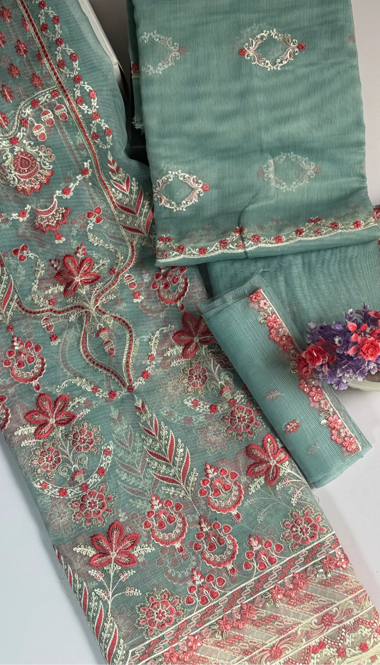 ''Bridal Luxury Cream & Pink Embroidered Unstitched Suit -Elegant 3 Piece cotton  Net Outfit ''