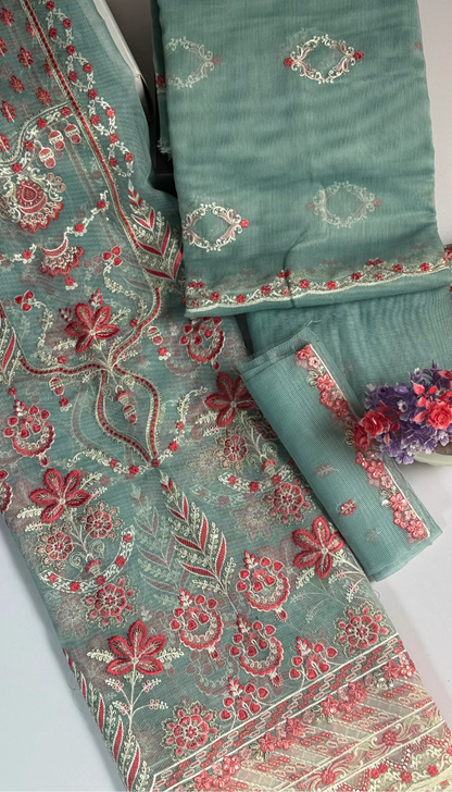 ''Bridal Luxury Cream & Pink Embroidered Unstitched Suit -Elegant 3 Piece cotton  Net Outfit ''