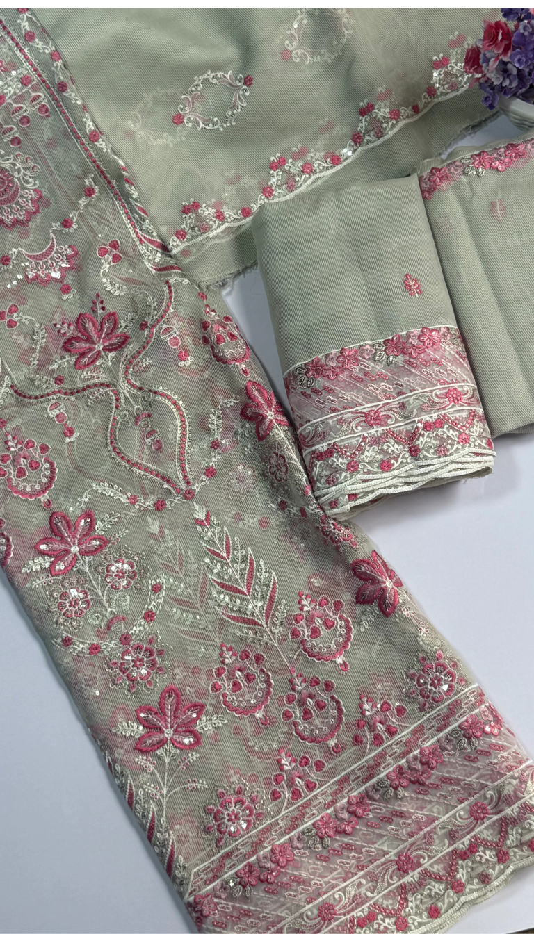 ''Bridal Luxury Cream & Pink Embroidered Unstitched Suit -Elegant 3 Piece cotton  Net Outfit ''