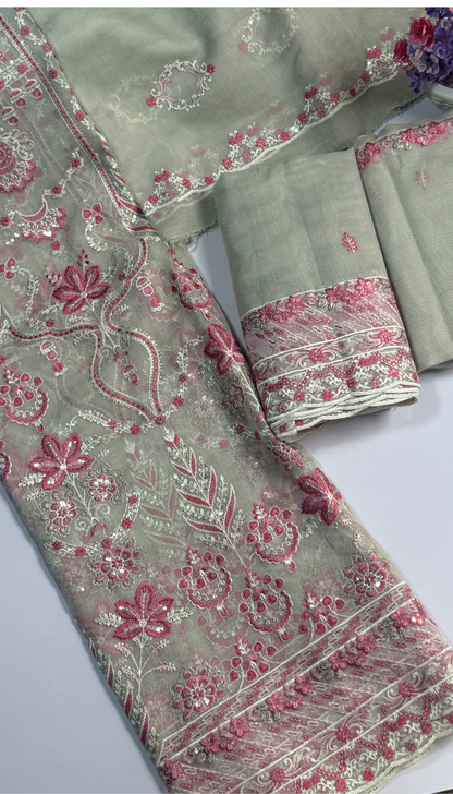 ''Bridal Luxury Cream & Pink Embroidered Unstitched Suit -Elegant 3 Piece cotton  Net Outfit ''