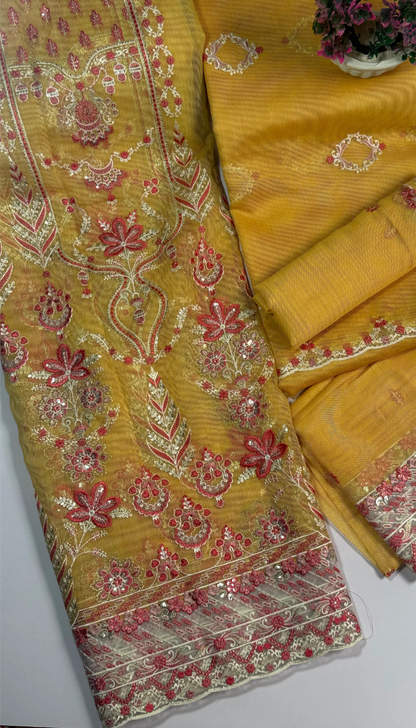 ''Bridal Luxury Cream & Pink Embroidered Unstitched Suit -Elegant 3 Piece cotton  Net Outfit ''