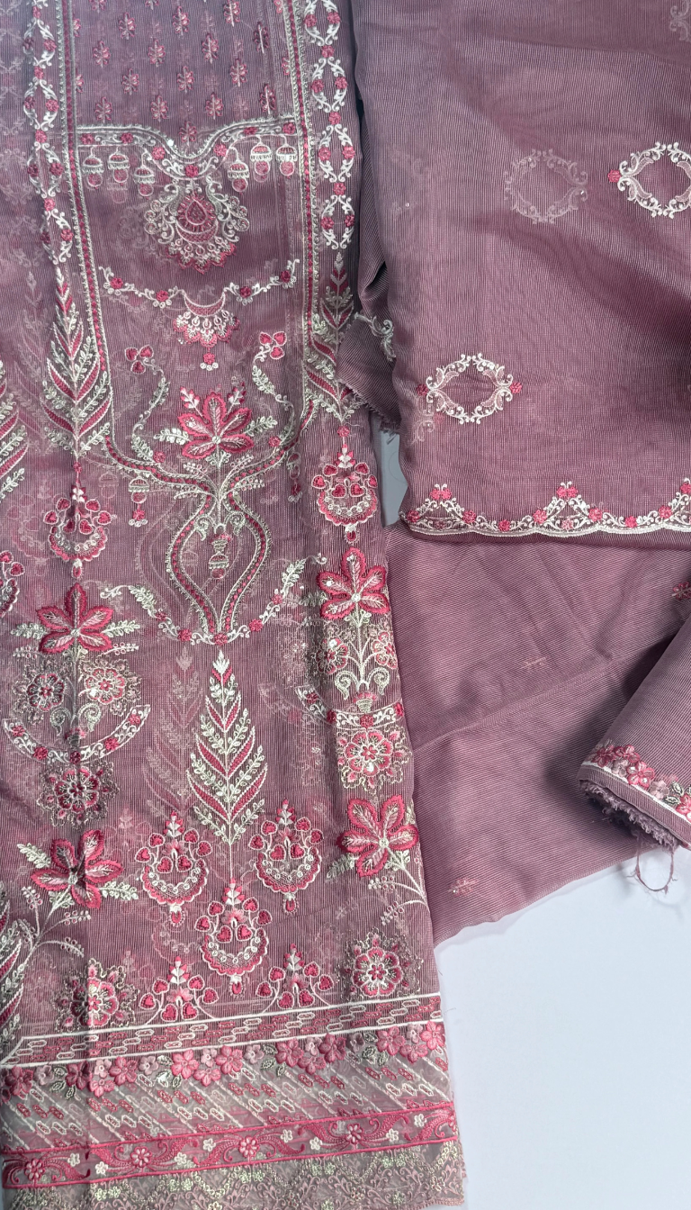 ''Bridal Luxury Cream & Pink Embroidered Unstitched Suit -Elegant 3 Piece cotton  Net Outfit ''