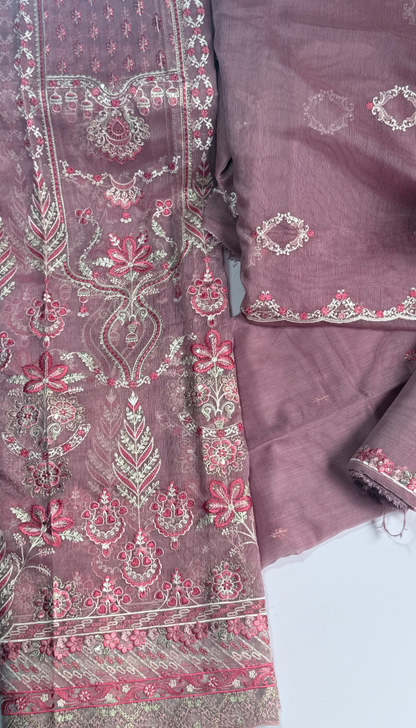 ''Bridal Luxury Cream & Pink Embroidered Unstitched Suit -Elegant 3 Piece cotton  Net Outfit ''