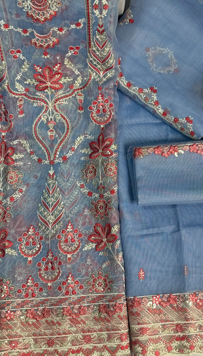 ''Bridal Luxury Cream & Pink Embroidered Unstitched Suit -Elegant 3 Piece cotton  Net Outfit ''