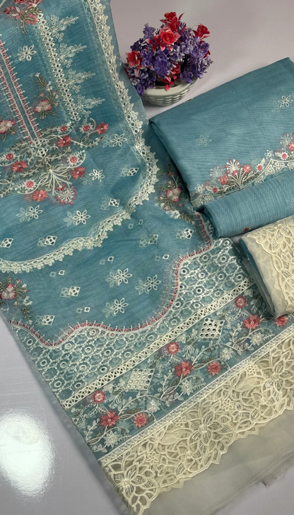 LUXURY GOLGEN EMBROIDERED Cotton  NET 3 piece suit -premium UNstitched Pakistan outfit for women