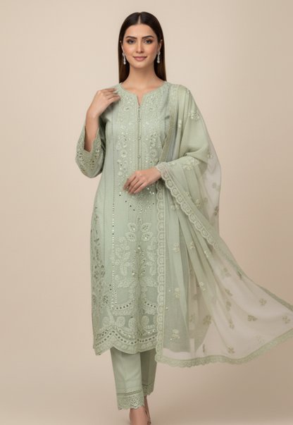 3P SKY BLUE EMBROIDERED ARABIC LAWN