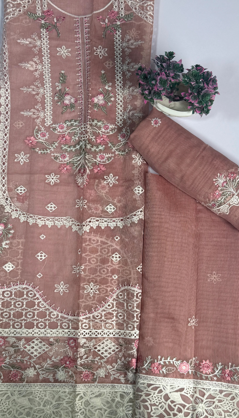 LUXURY GOLGEN EMBROIDERED Cotton  NET 3 piece suit -premium UNstitched Pakistan outfit for women