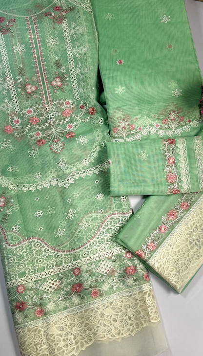 LUXURY GOLGEN EMBROIDERED Cotton  NET 3 piece suit -premium UNstitched Pakistan outfit for women