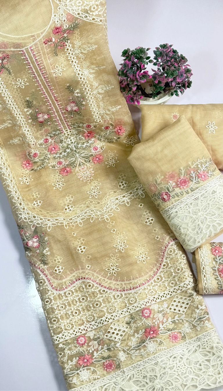 LUXURY GOLGEN EMBROIDERED Cotton  NET 3 piece suit -premium UNstitched Pakistan outfit for women