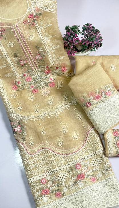 LUXURY GOLGEN EMBROIDERED Cotton  NET 3 piece suit -premium UNstitched Pakistan outfit for women
