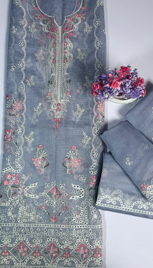 3 Piece Grey Colour Unstitched Cotton Net