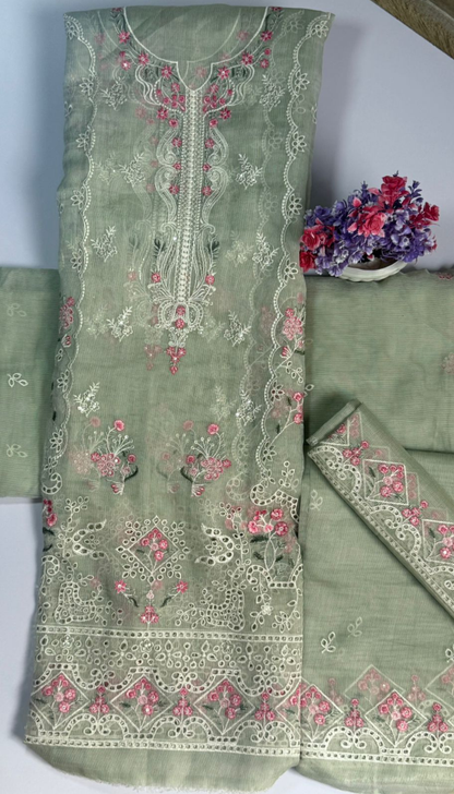 3 Piece Grey Colour Unstitched Cotton Net